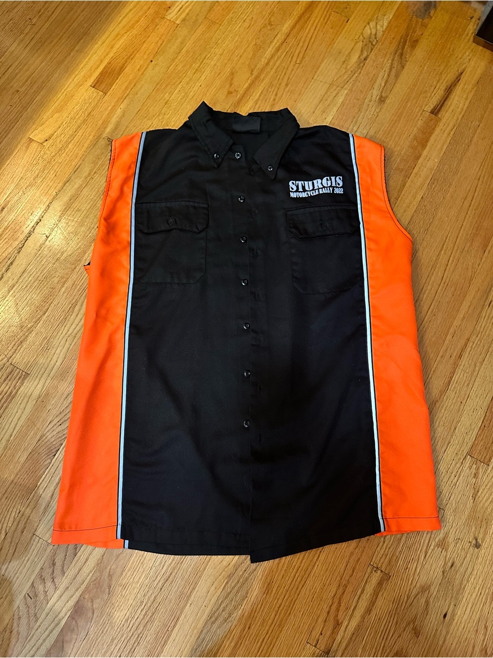 Black & Orange Sleeveless Button-Down Work Shirt